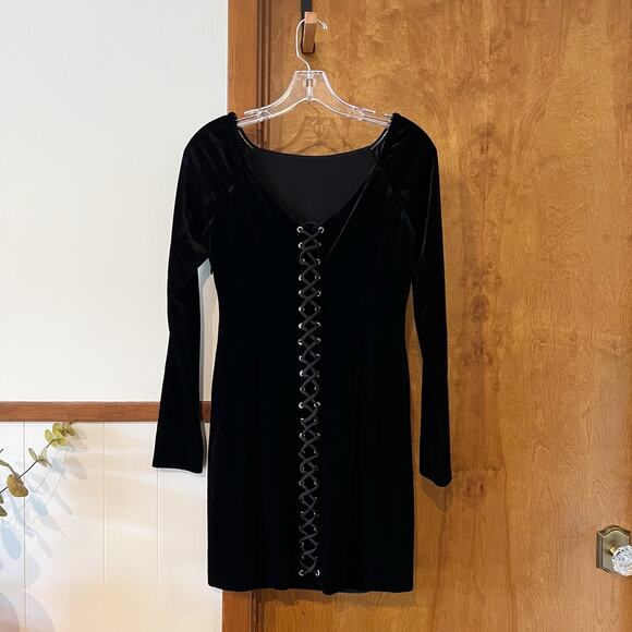 MARCIANO Velvet Corset Lace Up Bodycon Mini Dress Long Sleeve Black Women's S‎ - Picture 5 of 12